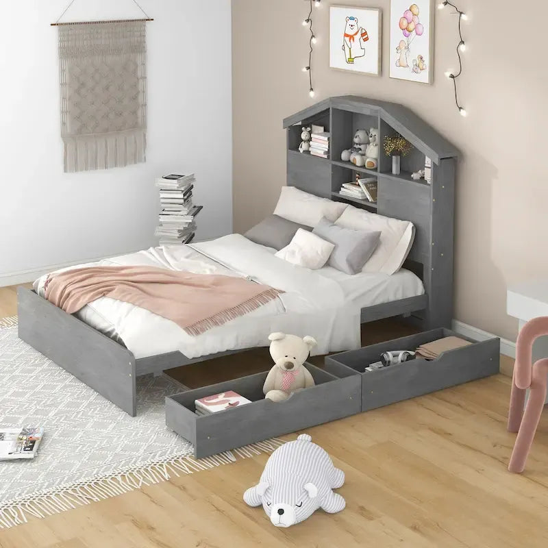 Wood Platform Bed with House-shaped Storage Headboard and 2 Drawer