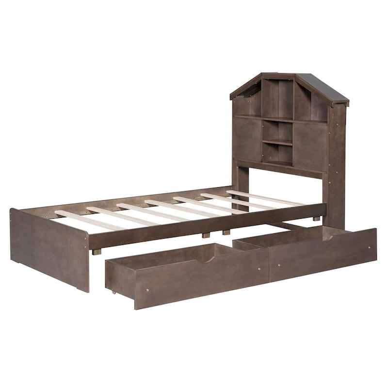 Wood Platform Bed with House-shaped Storage Headboard and 2 Drawer