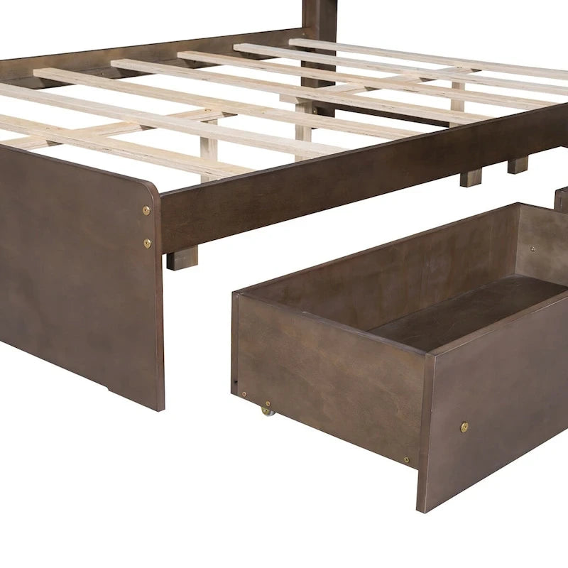 Wood Platform Bed with House-shaped Storage Headboard and 2 Drawer