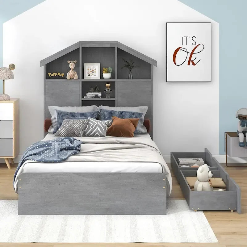 Wood Platform Bed with House-shaped Storage Headboard and 2 Drawer