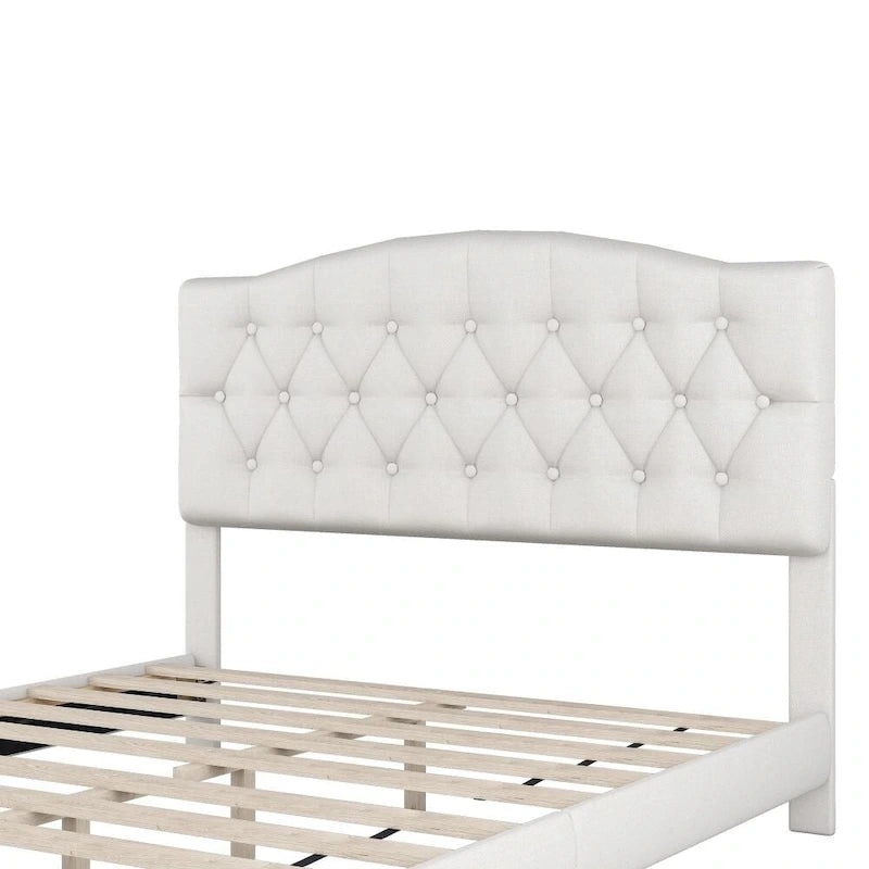Upholstered Platform Bed with Saddle Curved Headboard and Diamond Tufted Details, Beige
