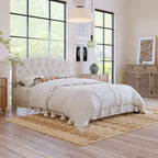 Upholstered Platform Bed with Saddle Curved Headboard and Diamond Tufted Details, Beige