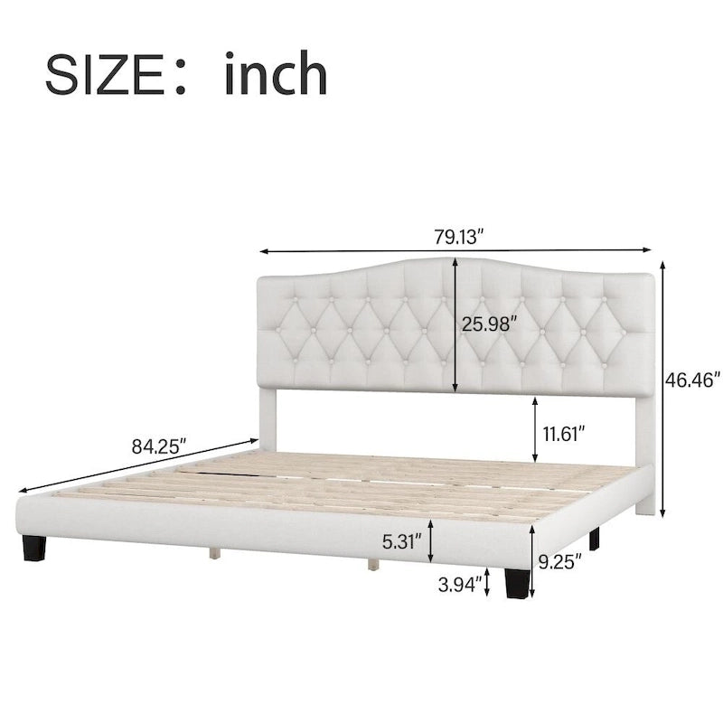 Upholstered Platform Bed with Saddle Curved Headboard and Diamond Tufted Details, Beige
