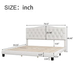 Upholstered Platform Bed with Saddle Curved Headboard and Diamond Tufted Details, Beige