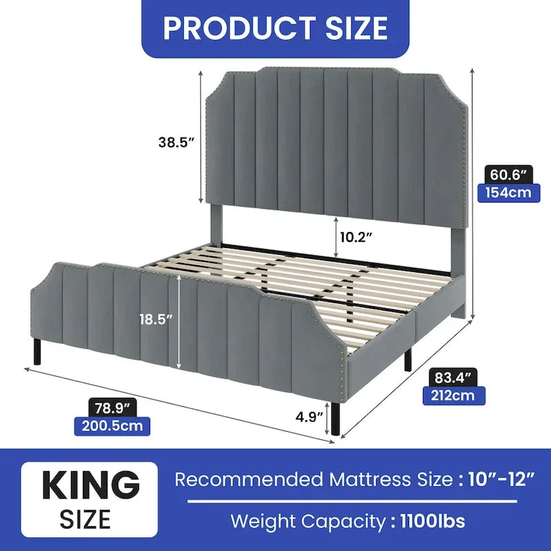 Grey Upholstered Bed Frame Velvet Platform Bedframe Mattress Foundation