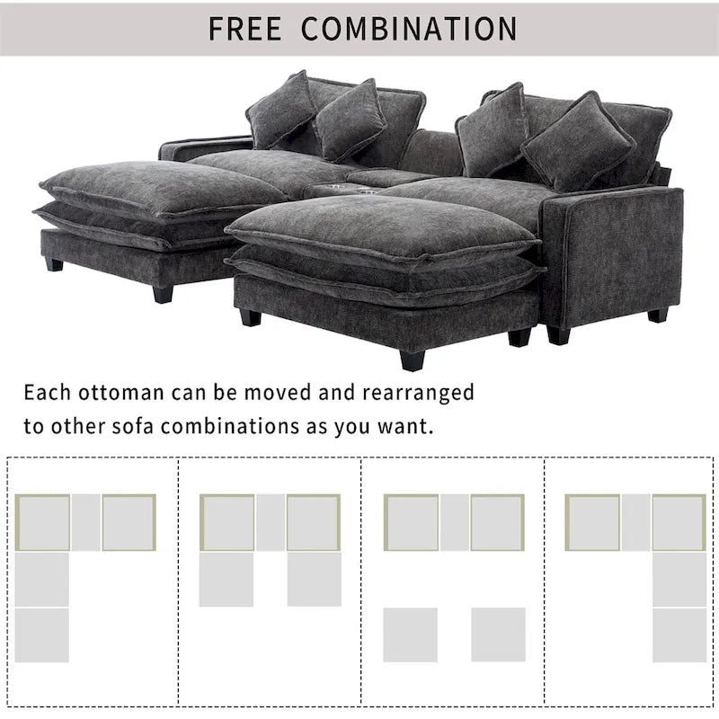112.6 Chenille Upholstered Sectional Sofa with 2 Removable Ottoman