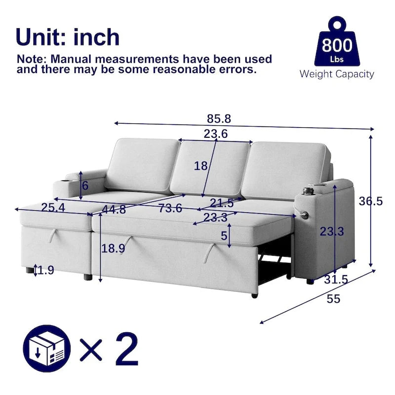 2 in 1 Pull Out Sofa Bed with Storage and Charging Port
