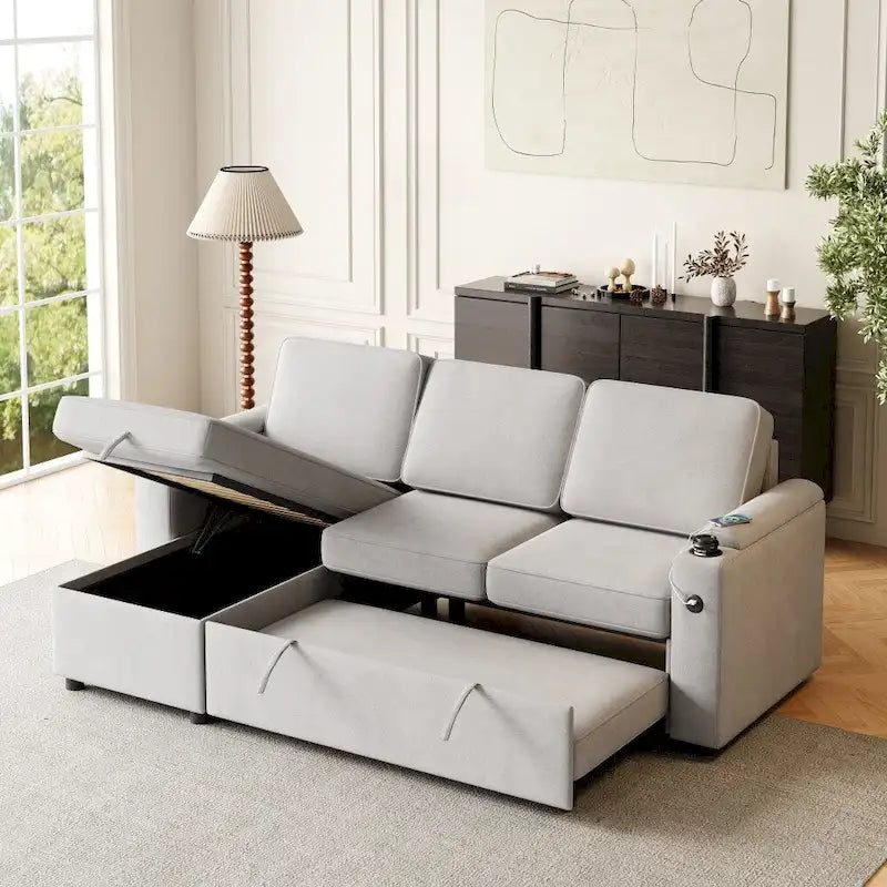 2 in 1 Pull Out Sofa Bed with Storage and Charging Port