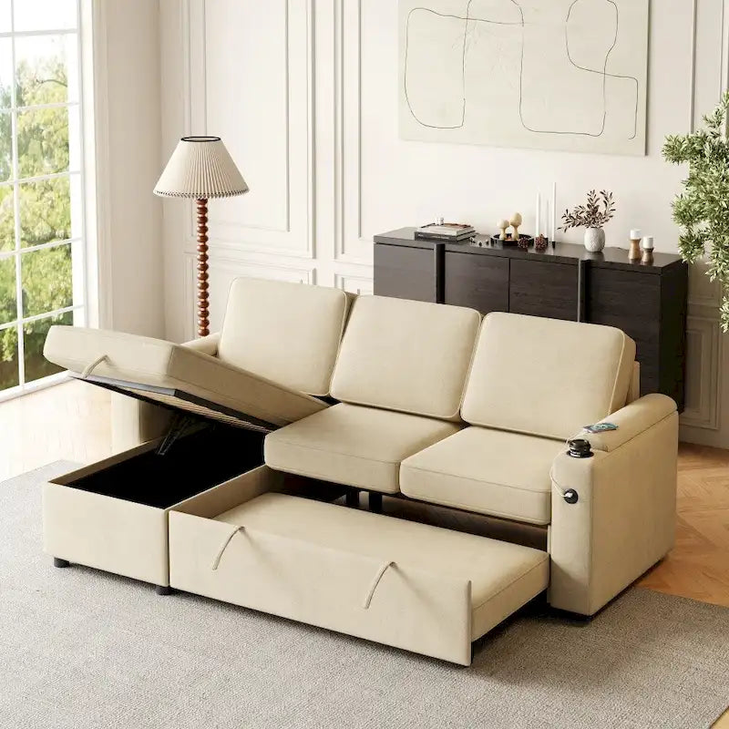 2 in 1 Pull Out Sofa Bed with Storage and Charging Port