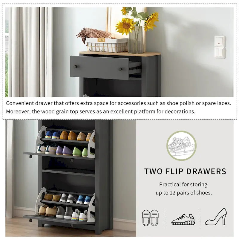 Entryway Organizer with 2 Drawers,Wood Grain Pattern Top Shoe Cabinet with Drawer, Free Standing Shoe Rack with Adjustable Panel
