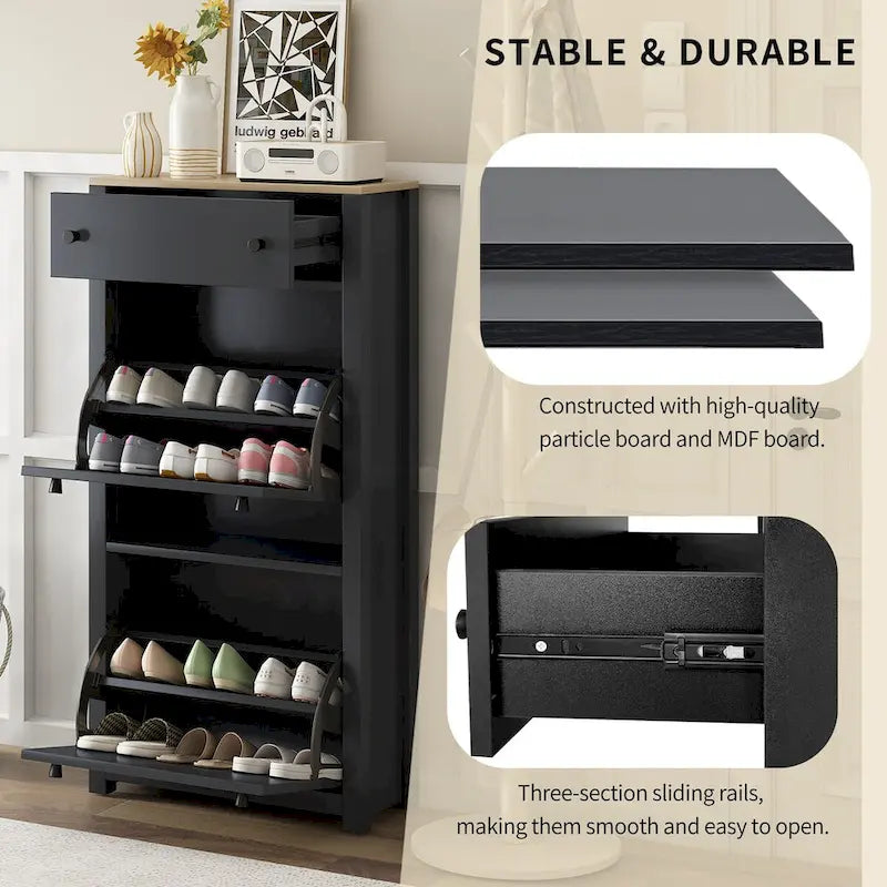 Entryway Organizer with 2 Drawers,Wood Grain Pattern Top Shoe Cabinet with Drawer, Free Standing Shoe Rack with Adjustable Panel