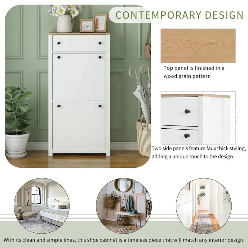 Entryway Organizer with 2 Drawers,Wood Grain Pattern Top Shoe Cabinet with Drawer, Free Standing Shoe Rack with Adjustable Panel