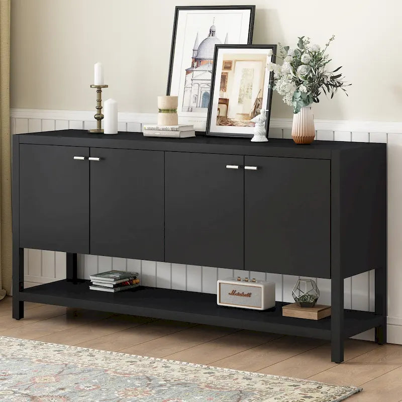 Modern Functional Entryway Console Table with Four-Door Storage and Open Shelf