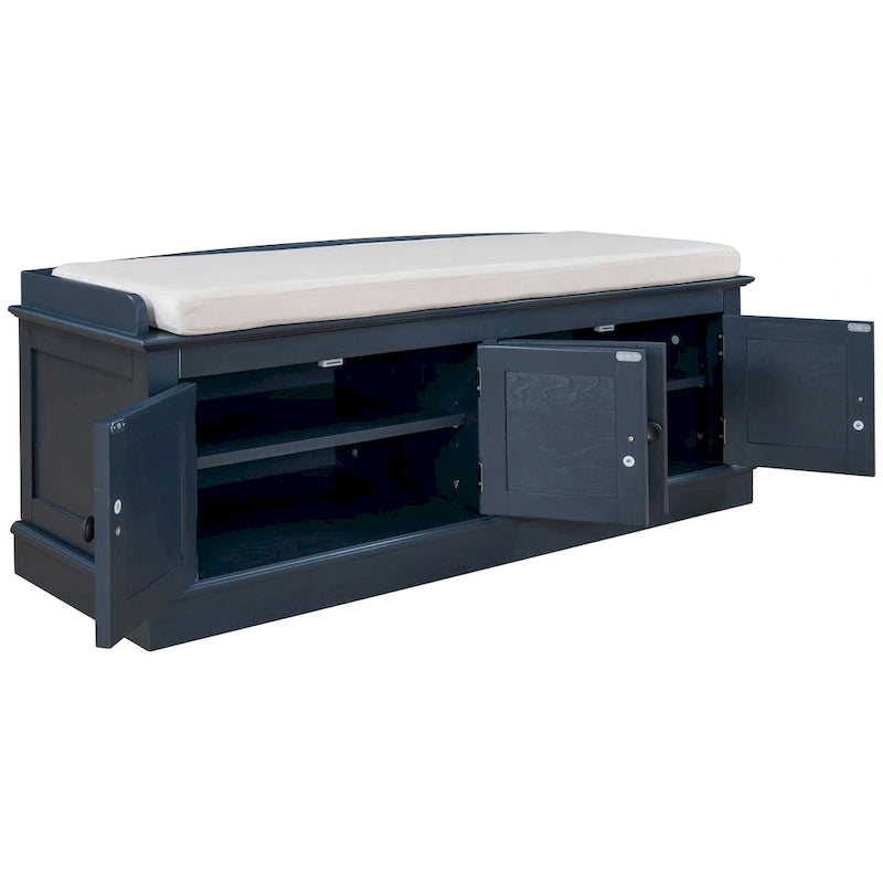 Storage Bench with 4 Doors and Adjustable Shelves, Shoe Bench with Removable Cushion