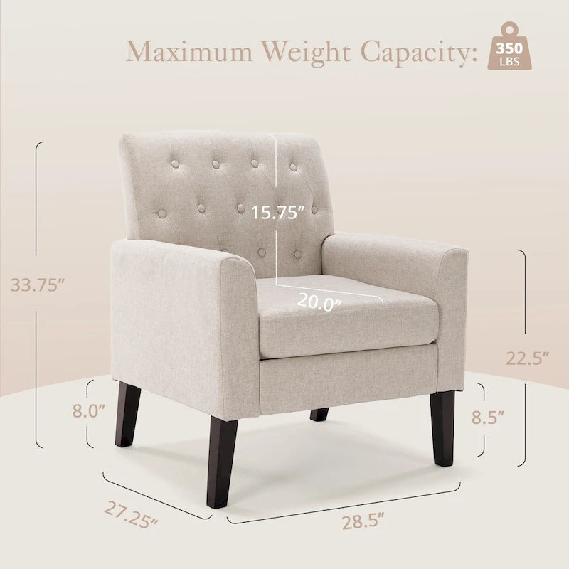 LUE BONA Linen Accent Chair Comfy Living Room Chair with Arms Upholstered Button Tufted Armchair Modern Arm Chairs