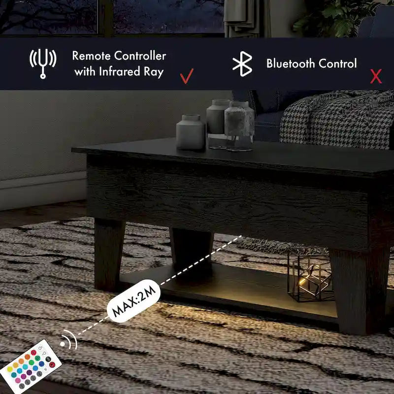 DH BASIC Modern 39-inch Lift-Top Coffee Table with 16 Colors LED Light and Hidden Storage