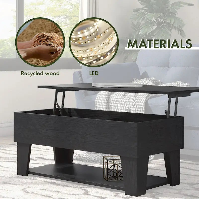 DH BASIC Modern 39-inch Lift-Top Coffee Table with 16 Colors LED Light and Hidden Storage