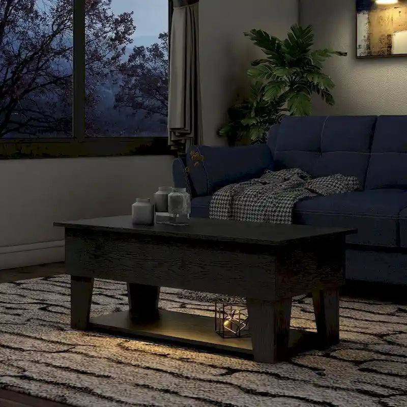 DH BASIC Modern 39-inch Lift-Top Coffee Table with 16 Colors LED Light and Hidden Storage