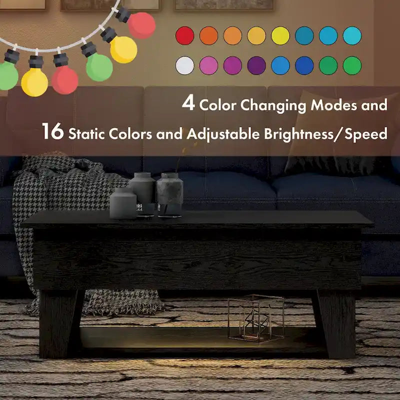 DH BASIC Modern 39-inch Lift-Top Coffee Table with 16 Colors LED Light and Hidden Storage