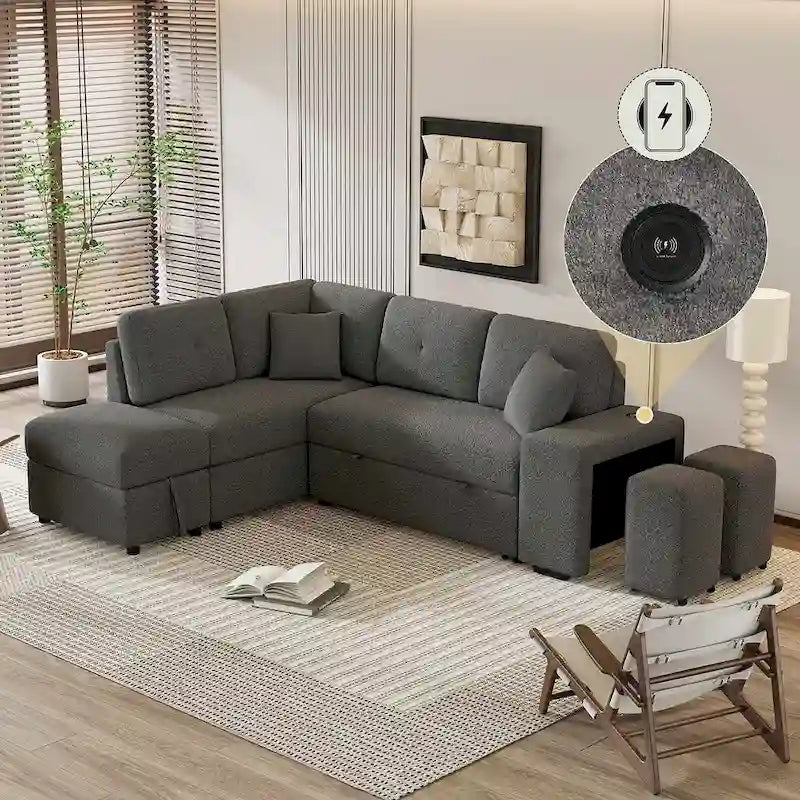 Sectional Sofa Pull Out Sofa Bed with Storage Ottoman, Convertible Sleeper for Living Room