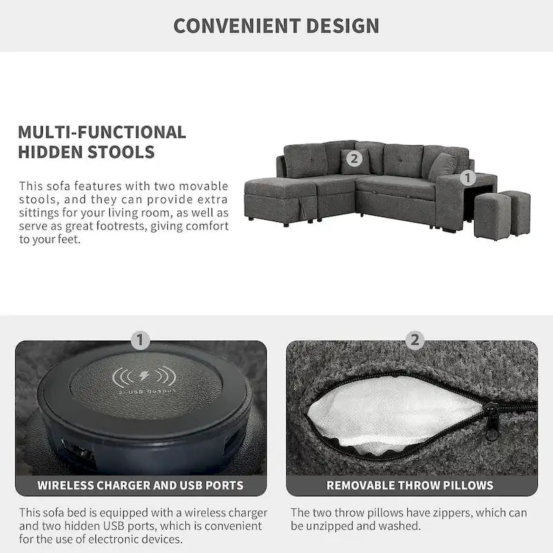 Sectional Sofa Pull Out Sofa Bed with Storage Ottoman, Convertible Sleeper for Living Room