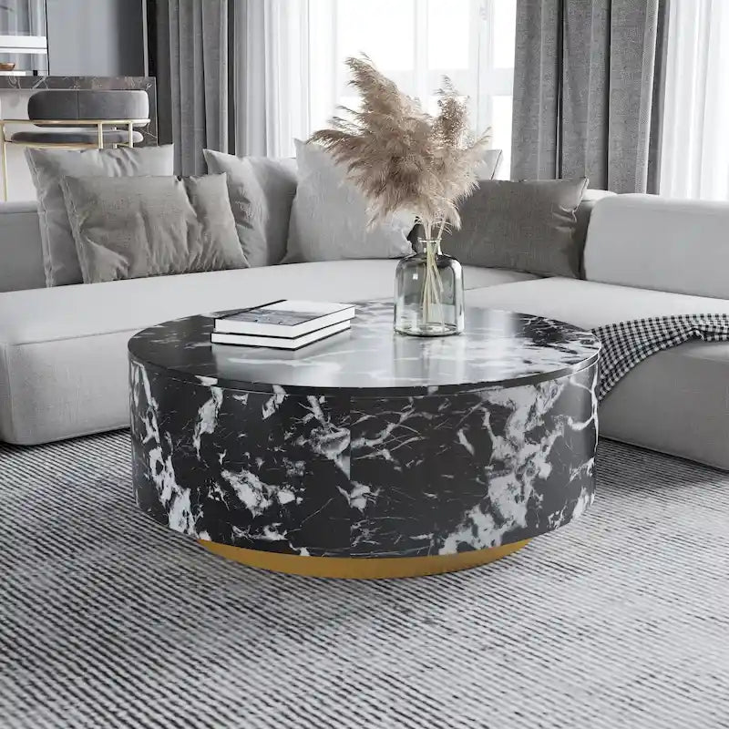 Modern Faux Marble Round Coffee Table Center Table with 2 Drawers, Fully Assembled
