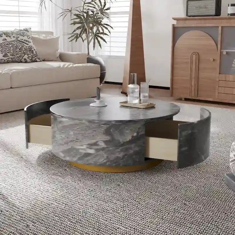 Modern Faux Marble Round Coffee Table Center Table with 2 Drawers, Fully Assembled