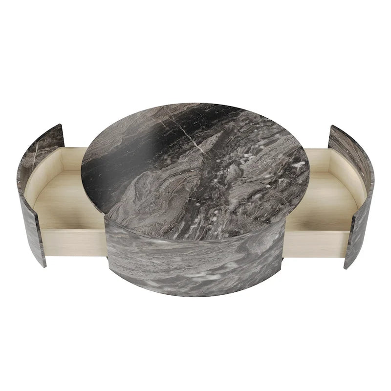Modern Faux Marble Round Coffee Table Center Table with 2 Drawers, Fully Assembled