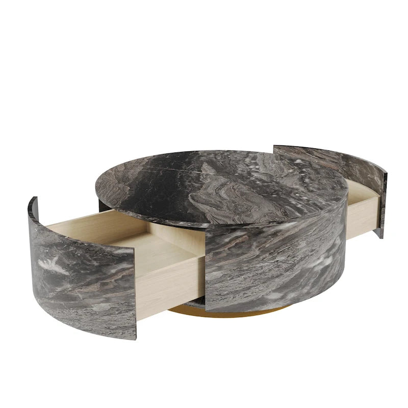 Modern Faux Marble Round Coffee Table Center Table with 2 Drawers, Fully Assembled