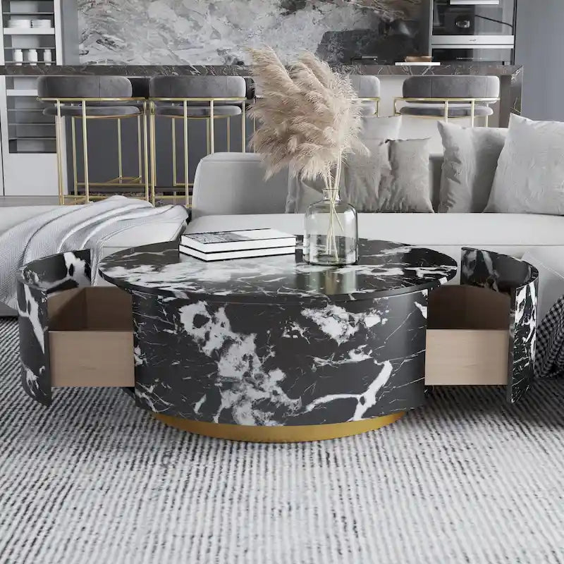 Modern Faux Marble Round Coffee Table Center Table with 2 Drawers, Fully Assembled