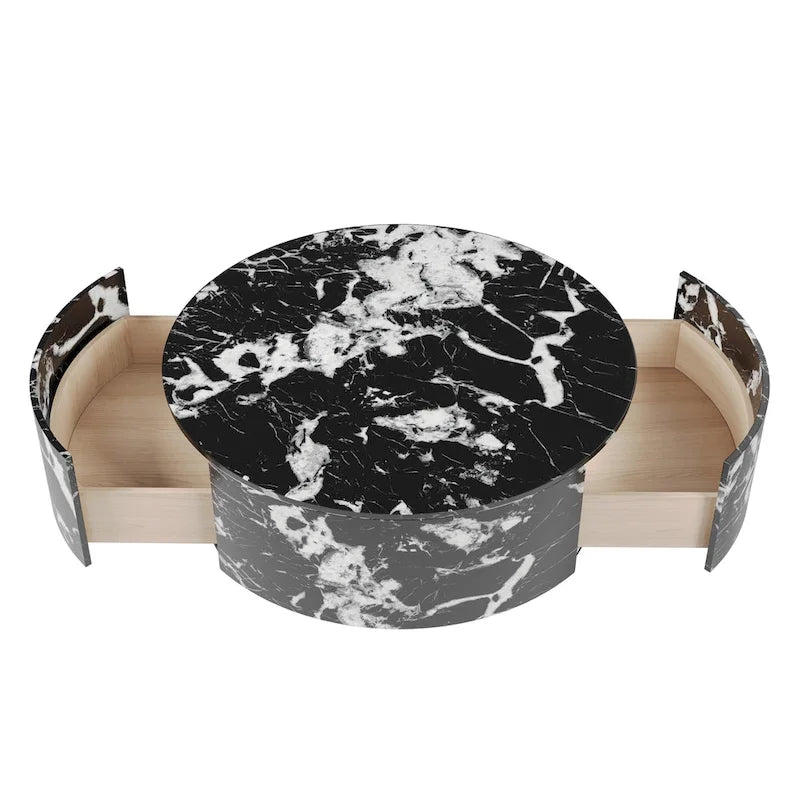 Modern Faux Marble Round Coffee Table Center Table with 2 Drawers, Fully Assembled