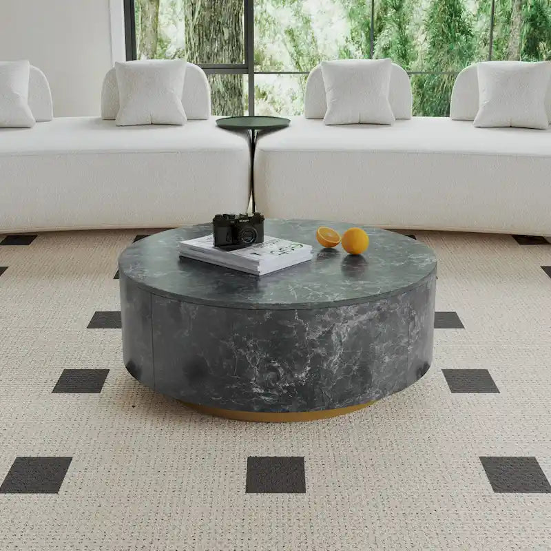 Modern Faux Marble Round Coffee Table Center Table with 2 Drawers, Fully Assembled