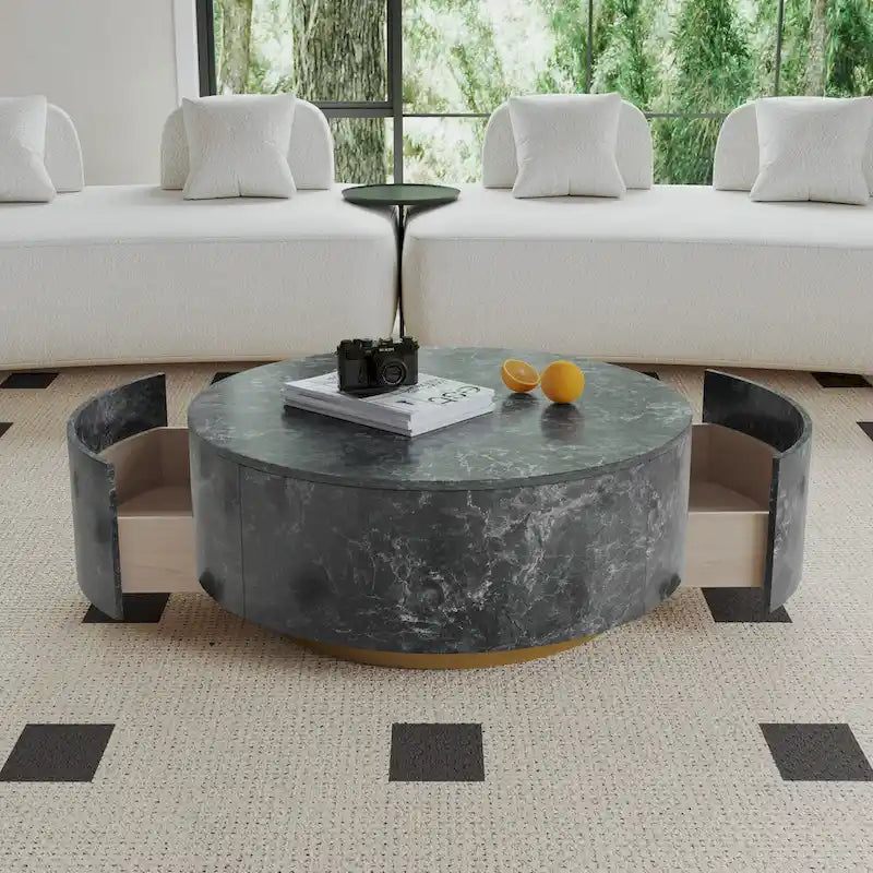 Modern Faux Marble Round Coffee Table Center Table with 2 Drawers, Fully Assembled