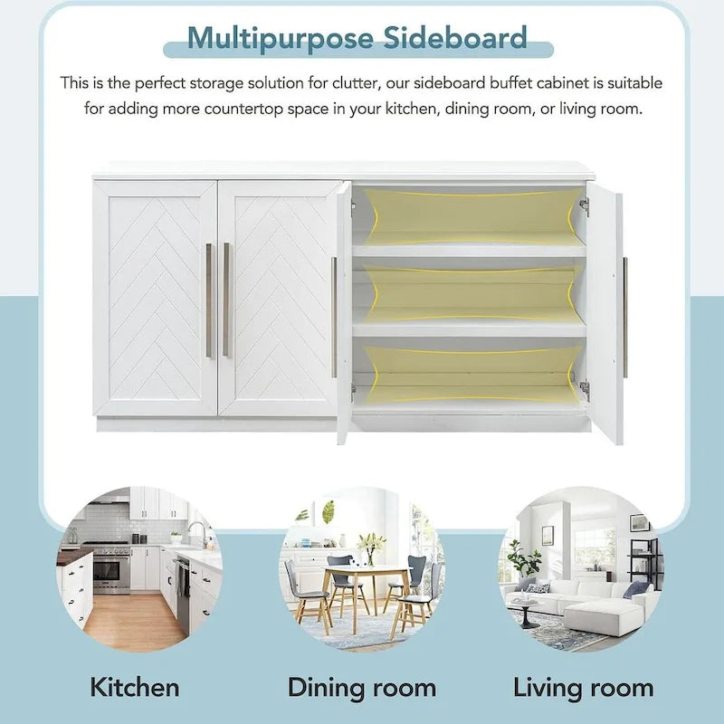 60 Dining Buffet And Sideboard with 4 Doors, Adjustable Shelves, and Handles