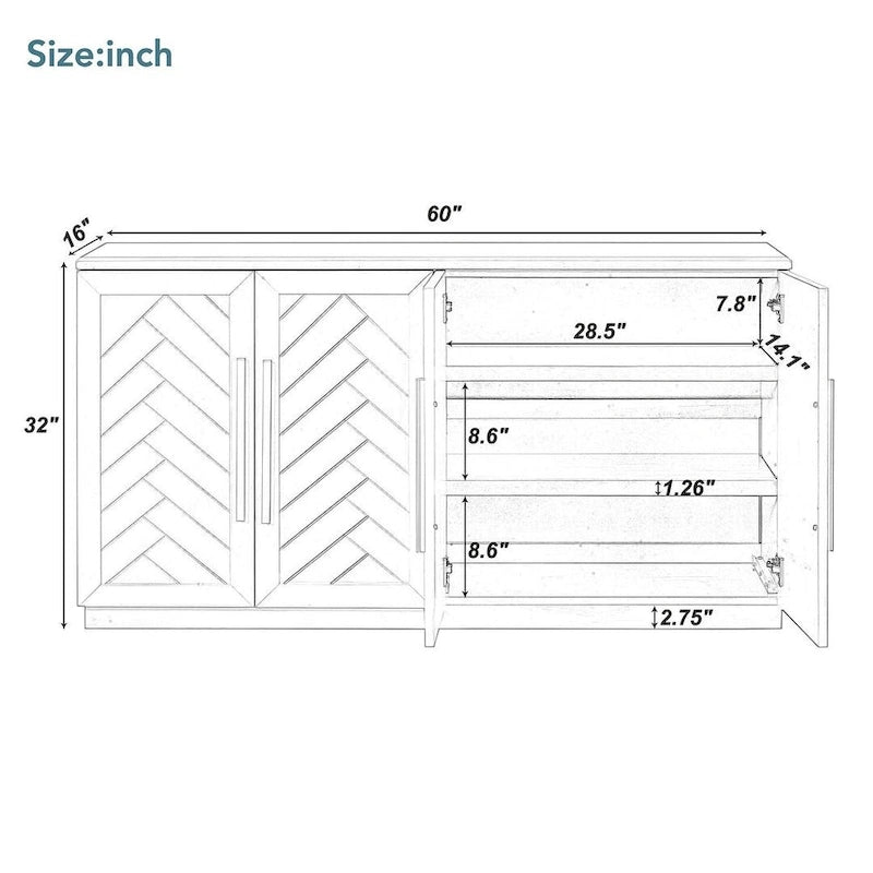 60 Dining Buffet And Sideboard with 4 Doors, Adjustable Shelves, and Handles
