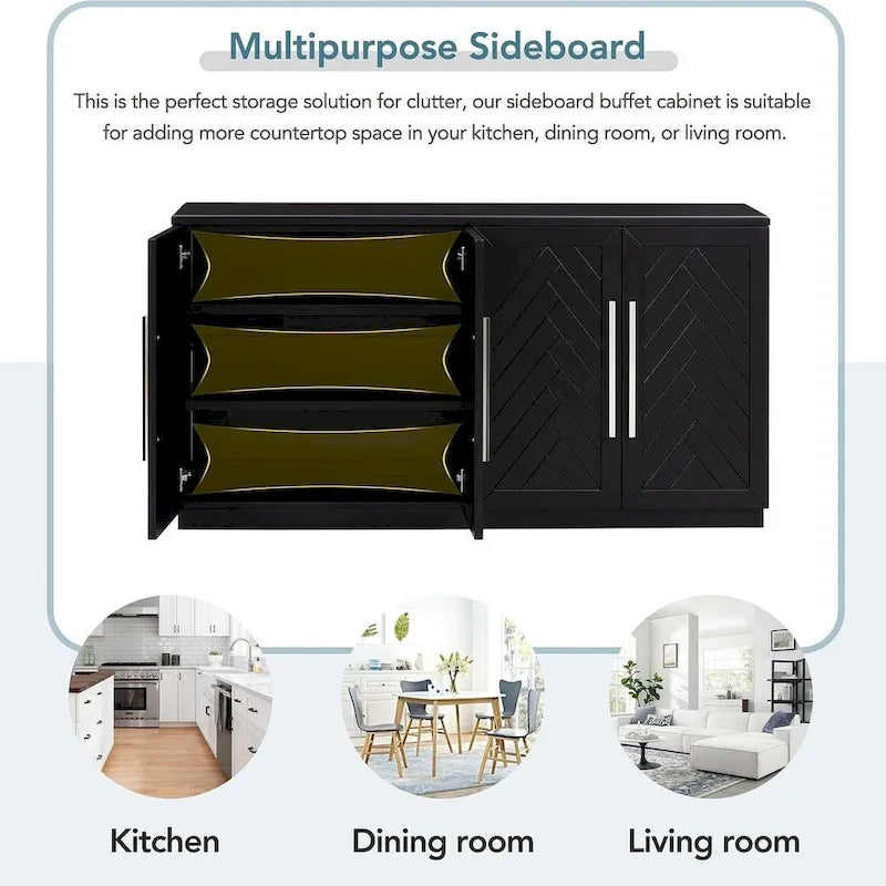 60 Dining Buffet And Sideboard with 4 Doors, Adjustable Shelves, and Handles