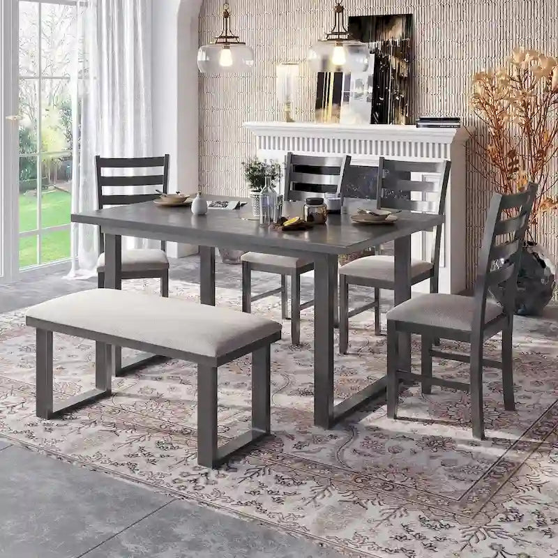 60 Rectangular Solid Wood Dining Table with 4 Upholstered Chairs and Bench