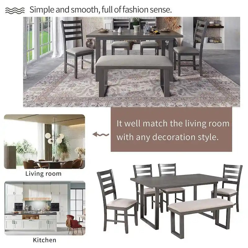 60 Rectangular Solid Wood Dining Table with 4 Upholstered Chairs and Bench