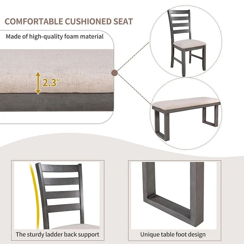 60 Rectangular Solid Wood Dining Table with 4 Upholstered Chairs and Bench