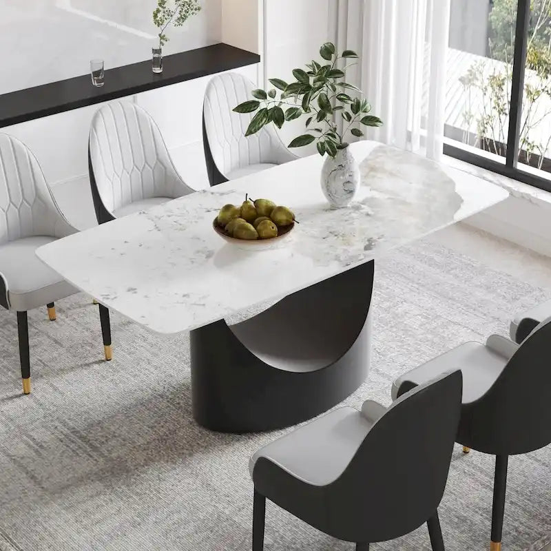 71 Black Marble Sintered Stone Table Top,Rectangle Dining Room Table with Unique U-Shape Black Carbon Steel Pedestal