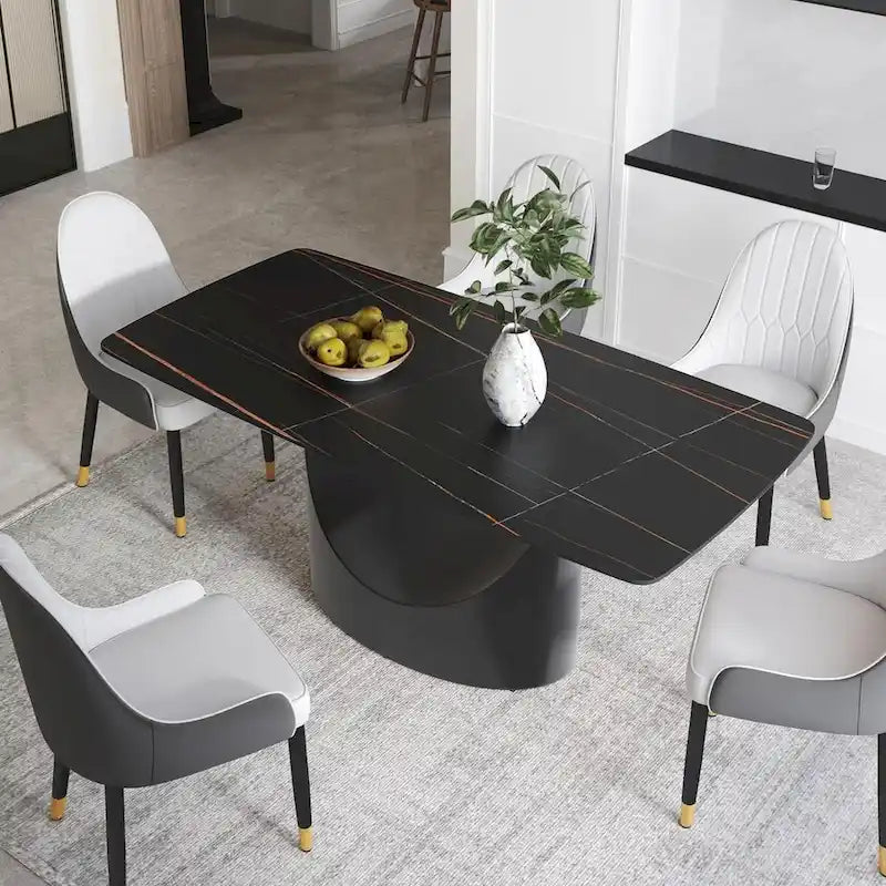 71 Black Marble Sintered Stone Table Top,Rectangle Dining Room Table with Unique U-Shape Black Carbon Steel Pedestal