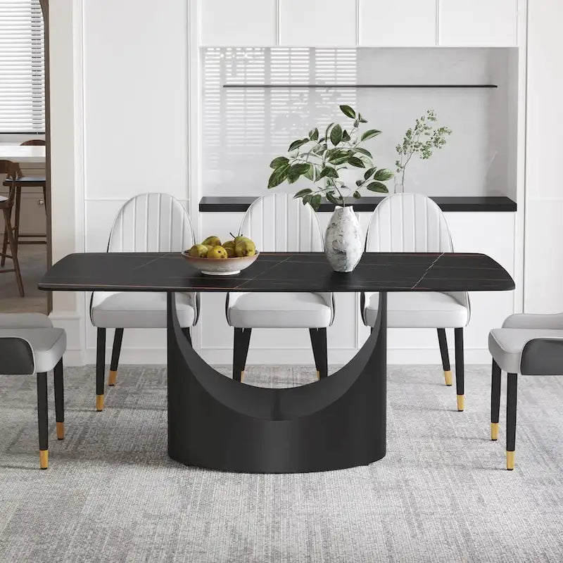 71 Black Marble Sintered Stone Table Top,Rectangle Dining Room Table with Unique U-Shape Black Carbon Steel Pedestal
