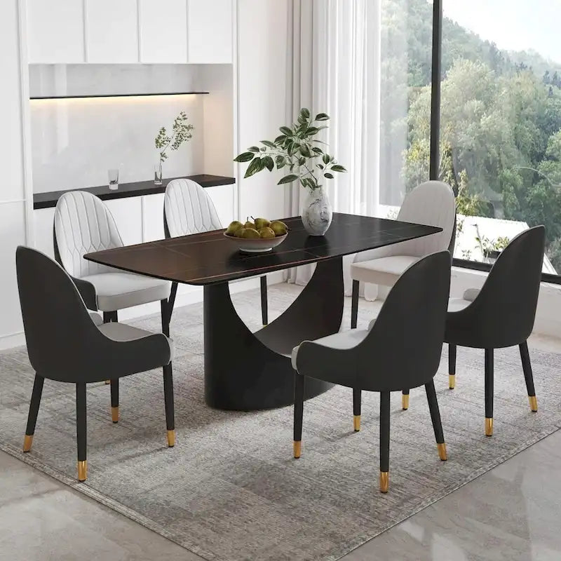 71 Black Marble Sintered Stone Table Top,Rectangle Dining Room Table with Unique U-Shape Black Carbon Steel Pedestal