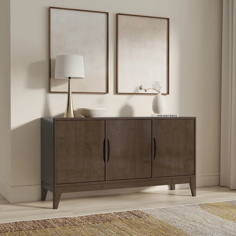 WYNDENHALL Pearson SOLID HARDWOOD 60 inch Wide Rectangle Modern 3 Door Sideboard Buffet / Storage Cabinet in Walnut Brown