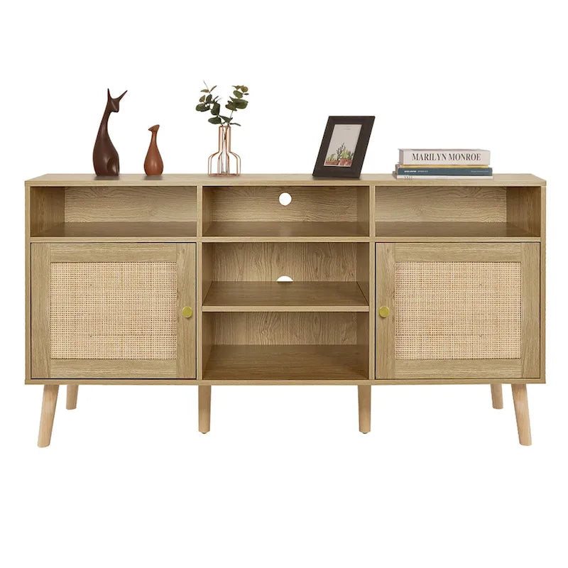 Anmytek Modern Rattan Wood TV Stand Console Table Entertainment Centers for TVs up to 65 - 59