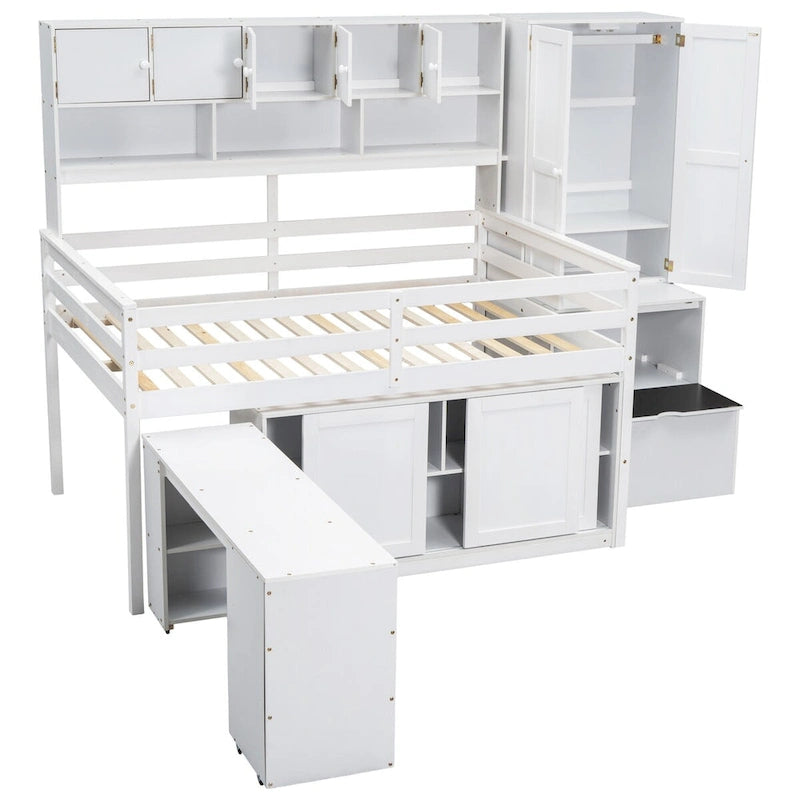 Full Size Wooden Loft Bed Big Storage with Under-bed Desk