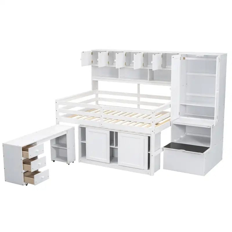Full Size Wooden Loft Bed Big Storage with Under-bed Desk