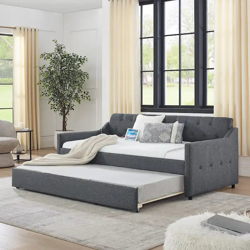 Twin Size Upholstery DayBed with Twin Size Erectable Trundle and USB Charging Design