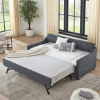 Twin Size Upholstery DayBed with Twin Size Erectable Trundle and USB Charging Design