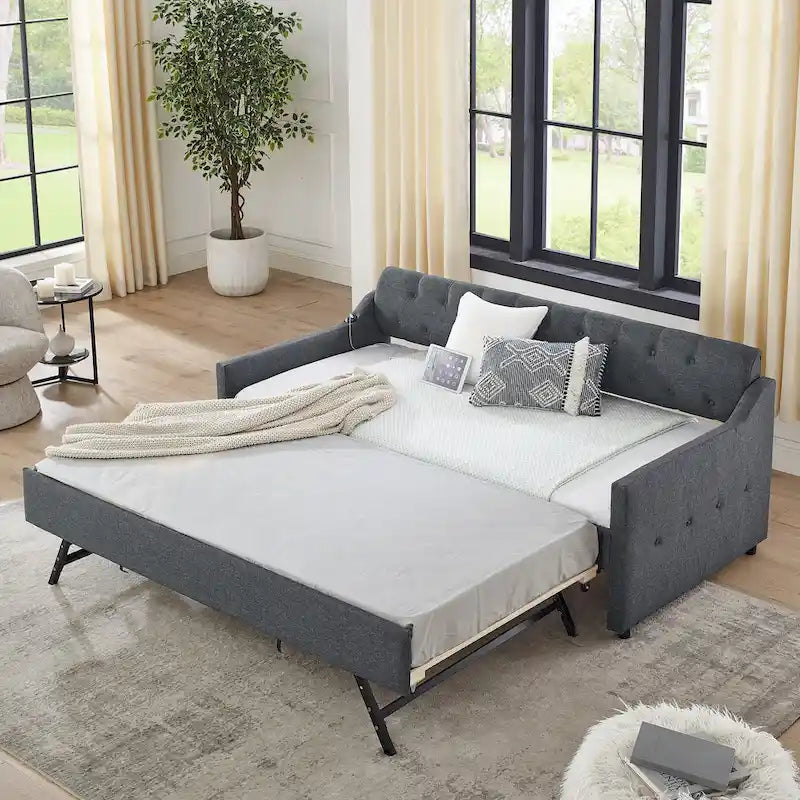 Twin Size Upholstery DayBed with Twin Size Erectable Trundle and USB Charging Design